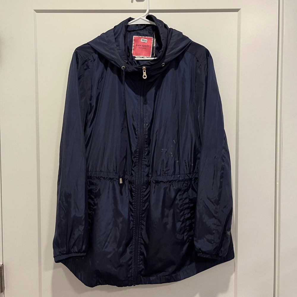 Kate Spade New York Navy Blue Hooded Windbreaker Jacket XL Full Zip Drawstring
